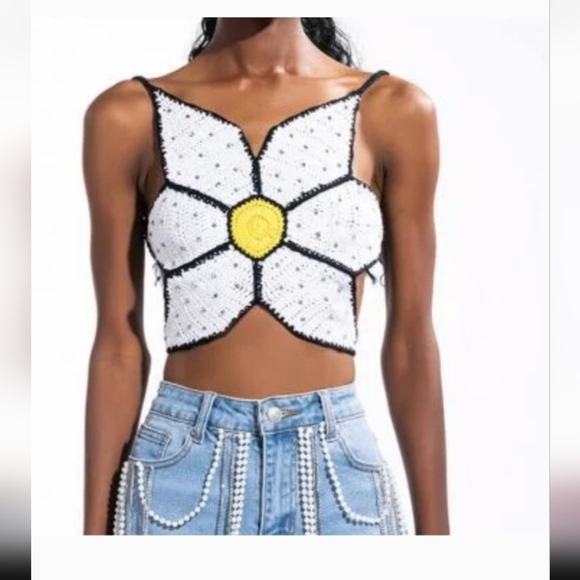 White and Black Crochet Halter Top with Yellow Center - Picture 6 of 7